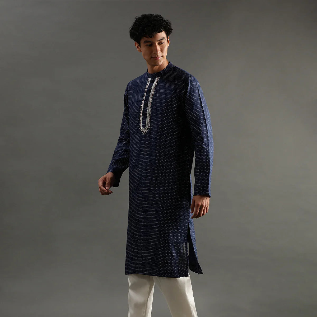 Navy Polka Dot Linen Kurta Pyjama Set for Men