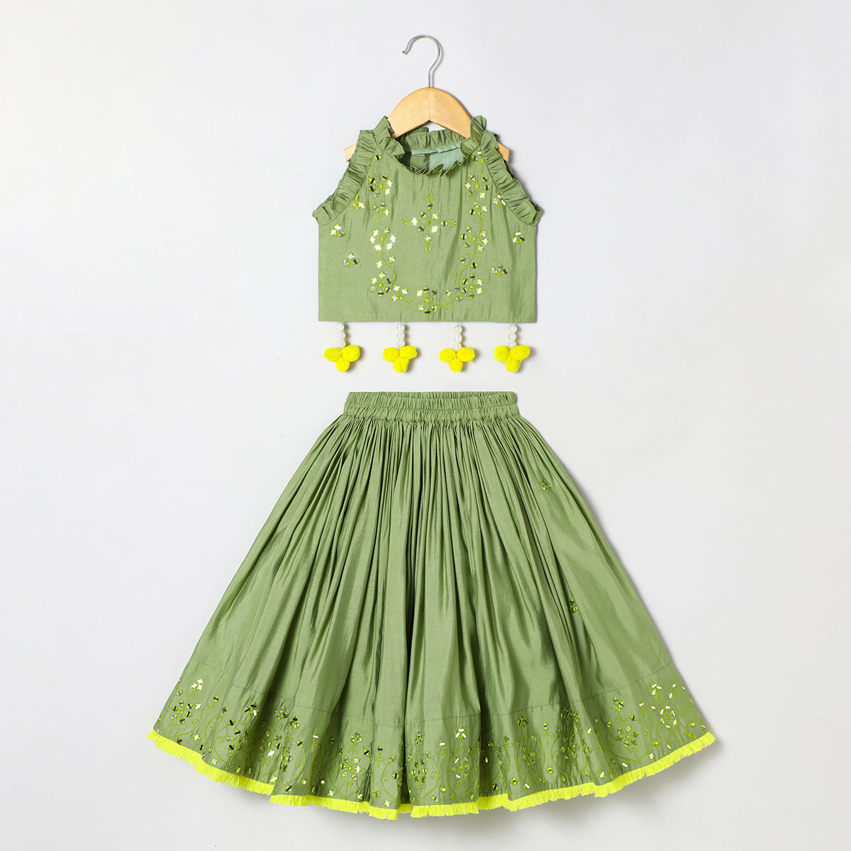 Sage green Chanderi mirror work top skirt and Dupatta