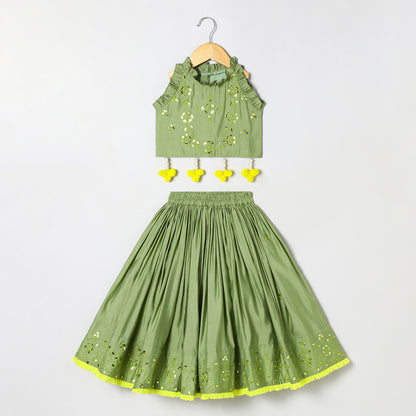Sage green Chanderi mirror work top skirt and Dupatta