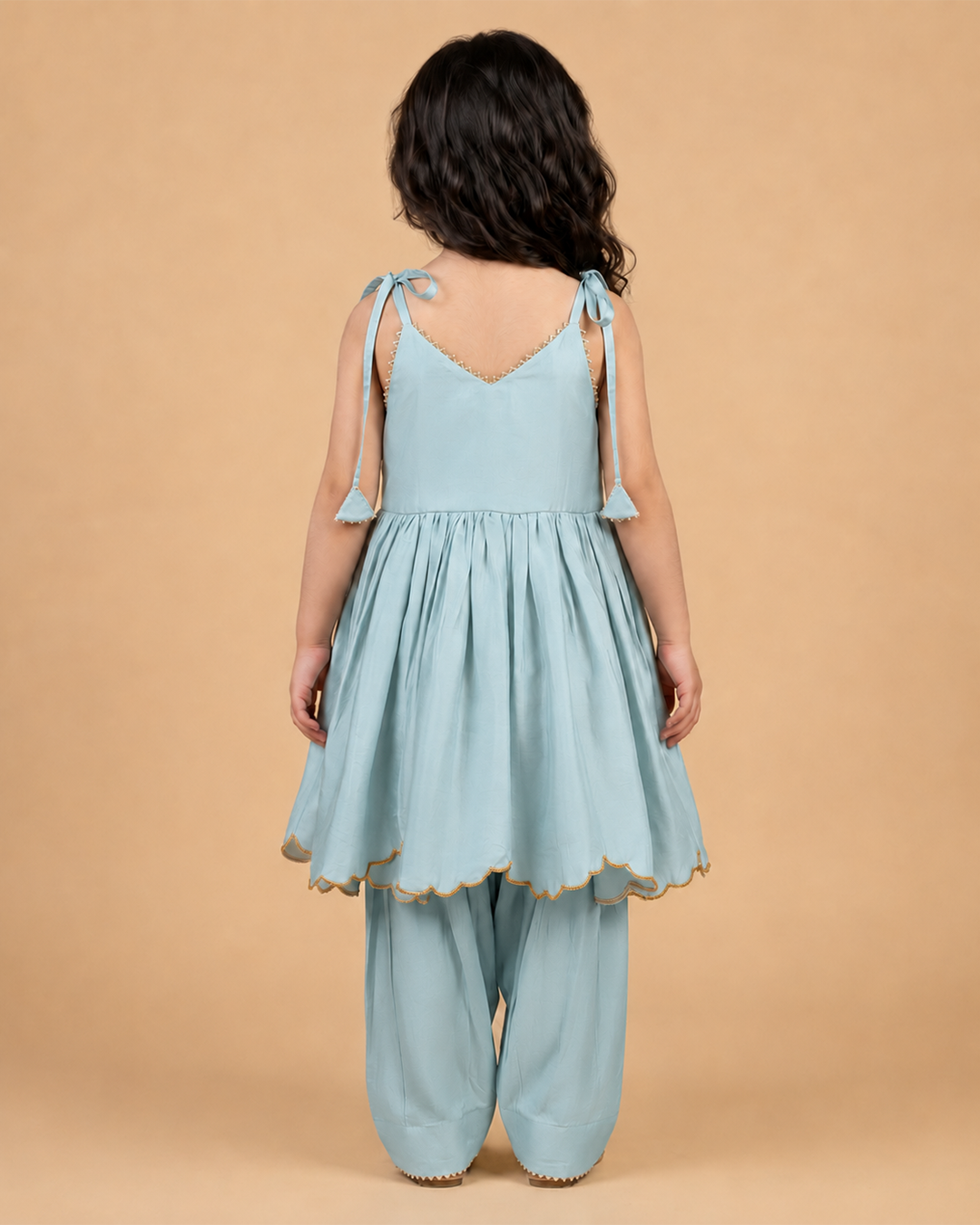 Sky Blue Flamingo Embroidered Chanderi Peplum Kurta Dhoti Set for Girls