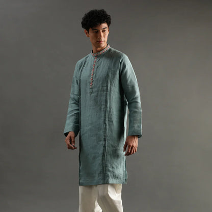 Sage Green Linen Kurta Pyjama Set with Hand Embroidery