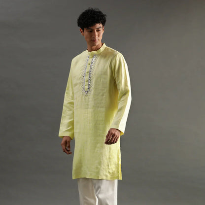 Lime Yellow Linen Kurta Pyjama Set for Men