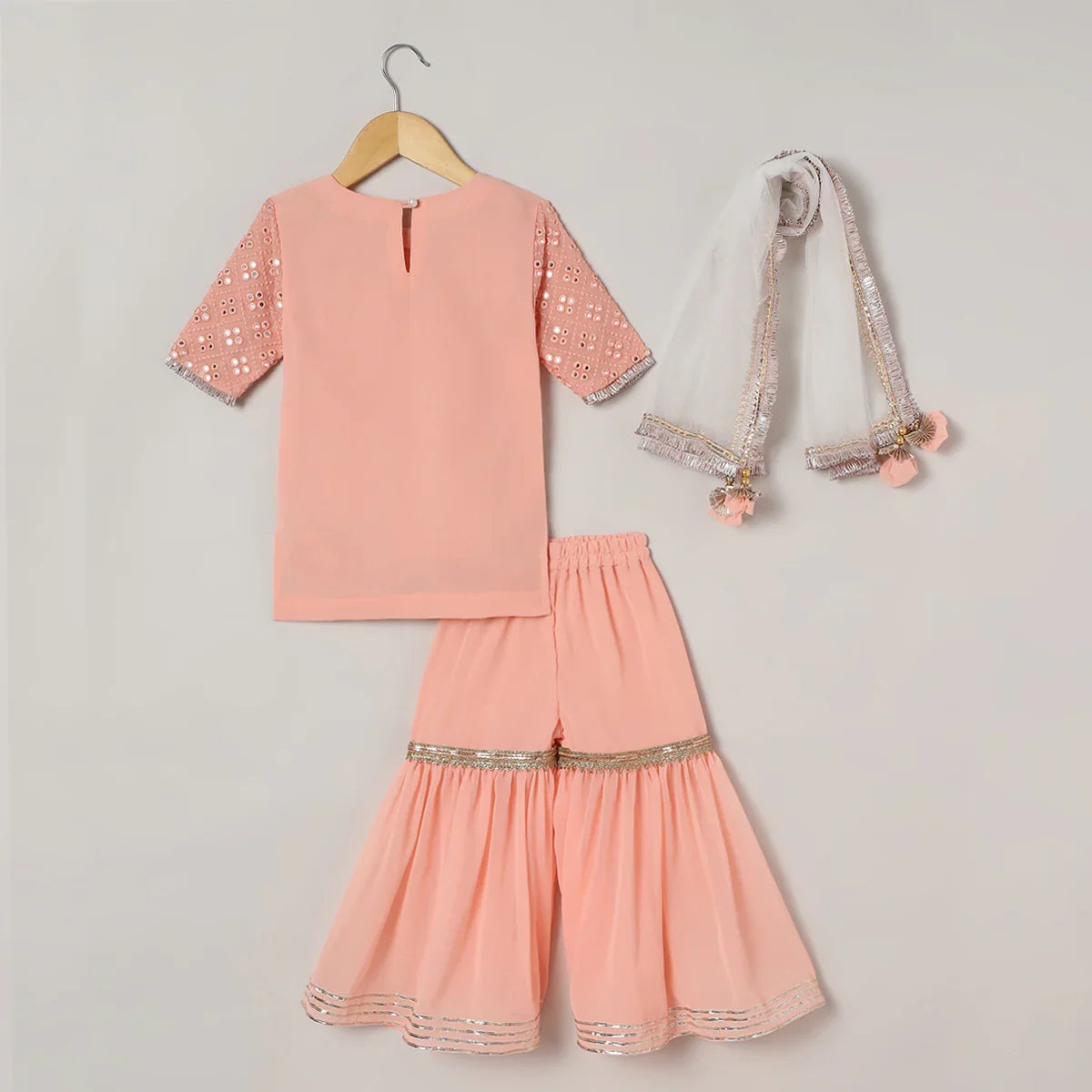 Peach Georgette Sharara Set with Mirror Work