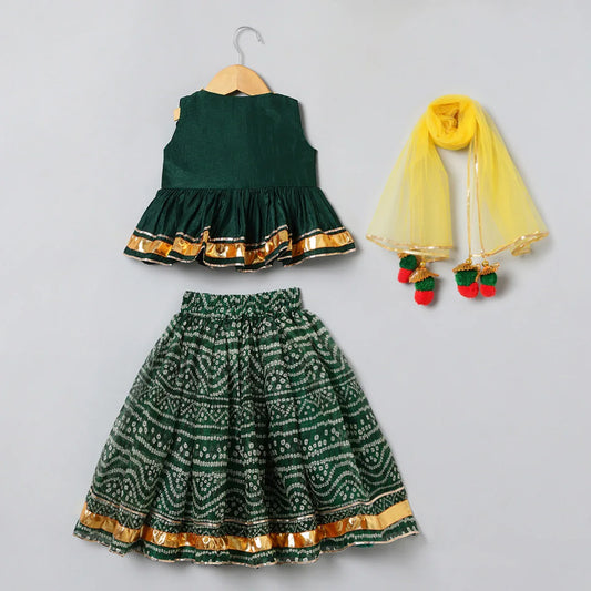Dark Green Raw Silk Lehenga Choli Set for Girls