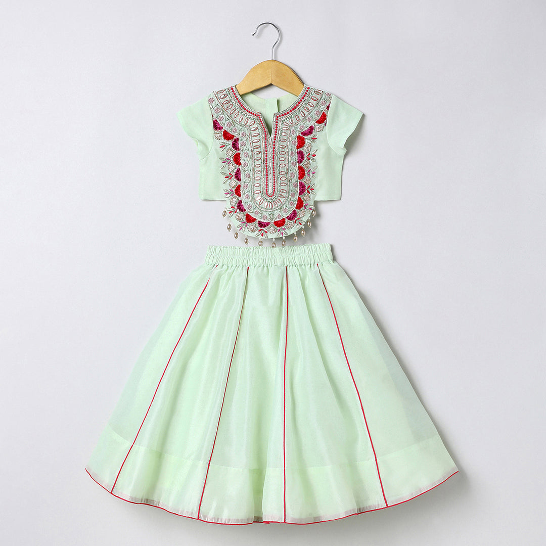 Chanderi silk lehenga set featuring exquisite hand embroidery, along with a beautiful dupatta.