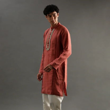 Rust Linen Kurta Pyjama Set with Hand Embroidery