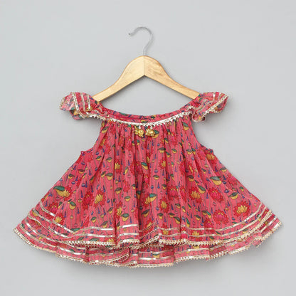 Girls Pink Floral Off-Shoulder Dhoti Set