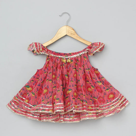 Girls Pink Floral Off-Shoulder Dhoti Set