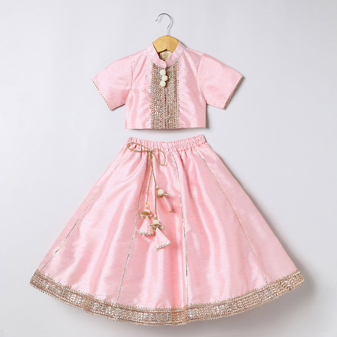 Baby pink raw silk goat work anarkali skirt and top set