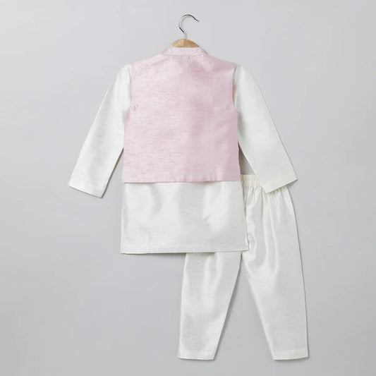 White & Baby Pink Raw Silk Kurta-Pyjama Set for Boys