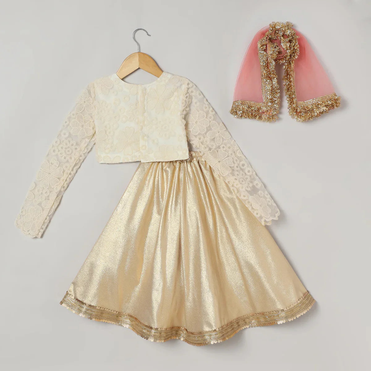 Ivory & Gold Organza Lehenga Set with Embroidered Blouse