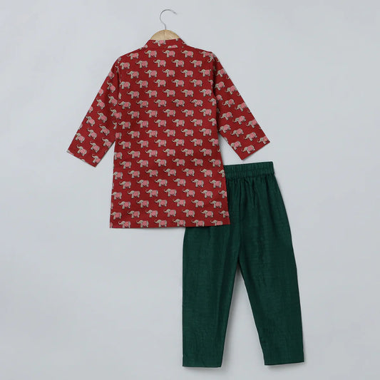 Jaipuri Elephant Print Red Kurta Pyjama Set for Boys