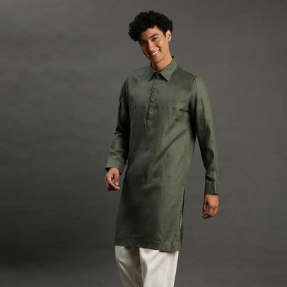 2Pcs Olive Linen Kurta Set
