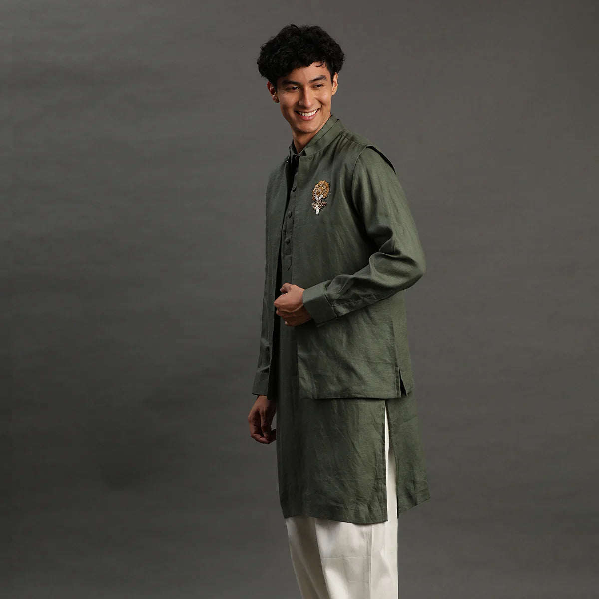 Navy Linen Kurta Pyjama Set for Men
