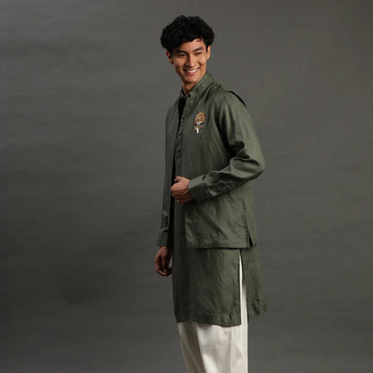 Navy Linen Kurta Pyjama Set for Men