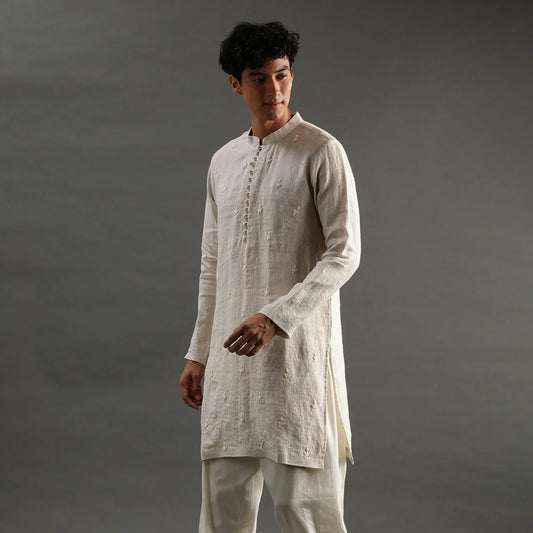 Beige Linen Embroidered Kurta Set with Cotton Pyjama