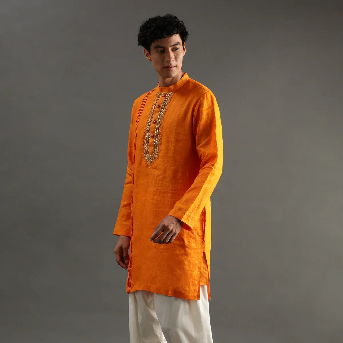 Orange Linen Kurta Set with Hand Embroidery