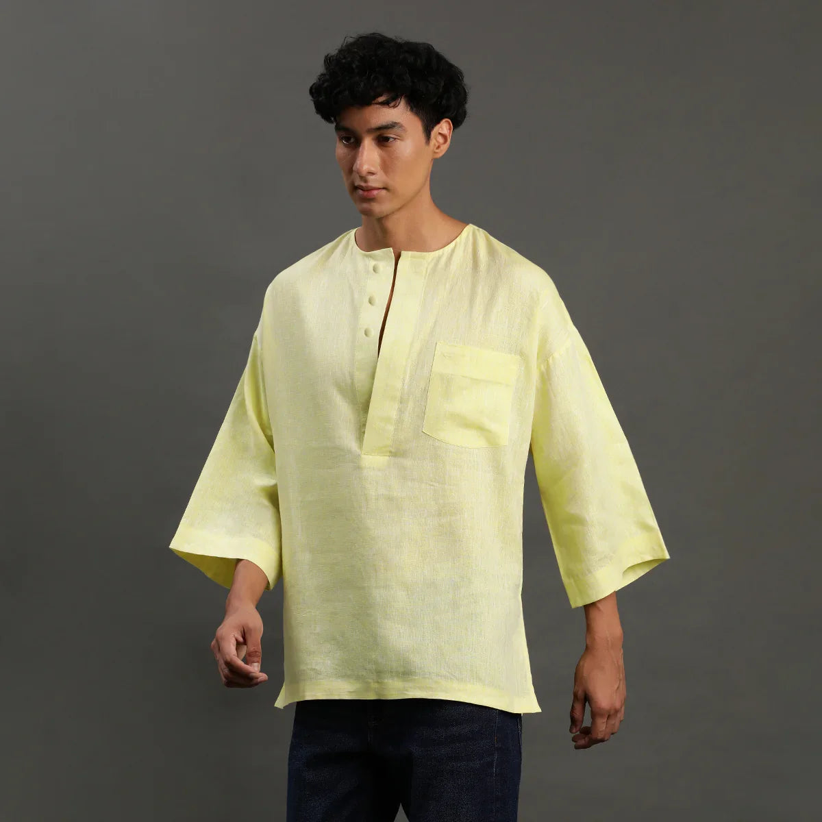 Lime Yellow Linen Short Kurta