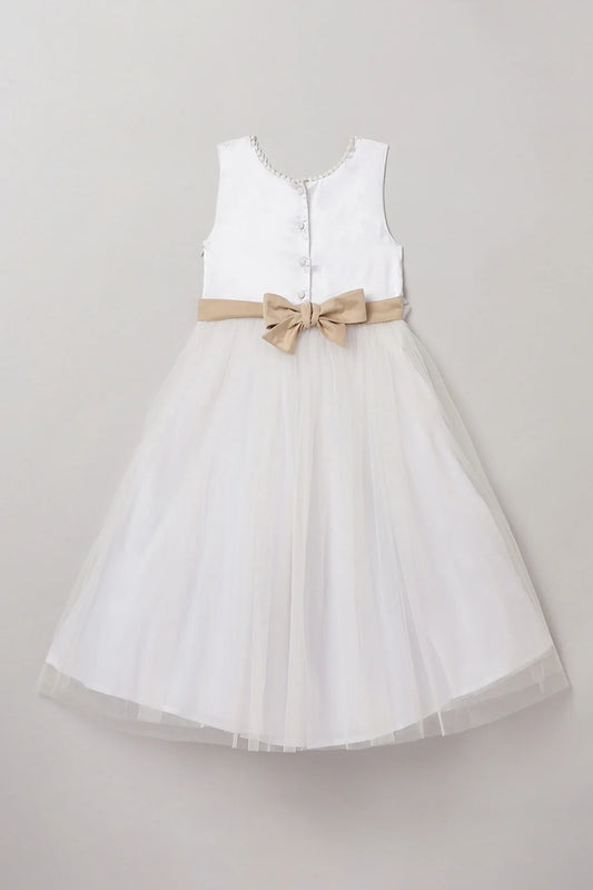 White Satin Party Dress with Pearl Embellishments