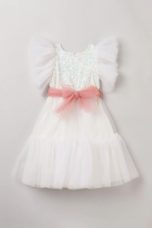 White Dress with Pastel Pink Sash and Velvet Sequin Detailing