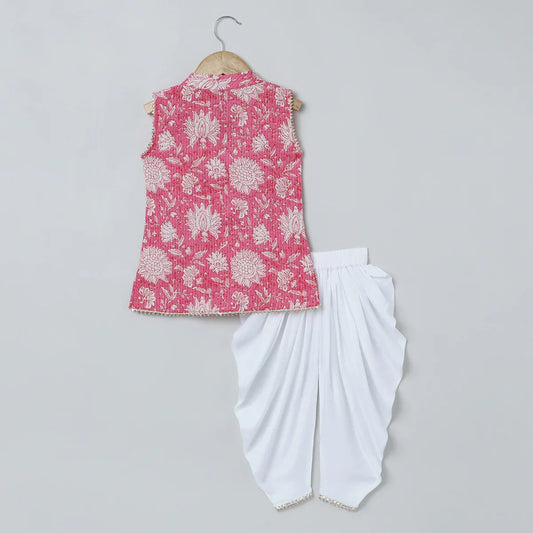 Pink & White Katha Stitch Kurti Dhoti Set for Girls