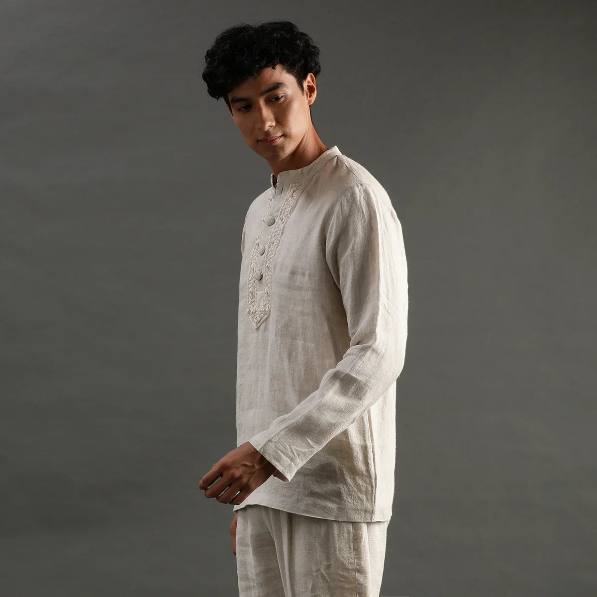 Beige Linen Short Kurta Pyjama Set with Embroidered Placket