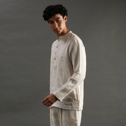 Beige Linen Short Kurta Pyjama Set with Embroidered Placket