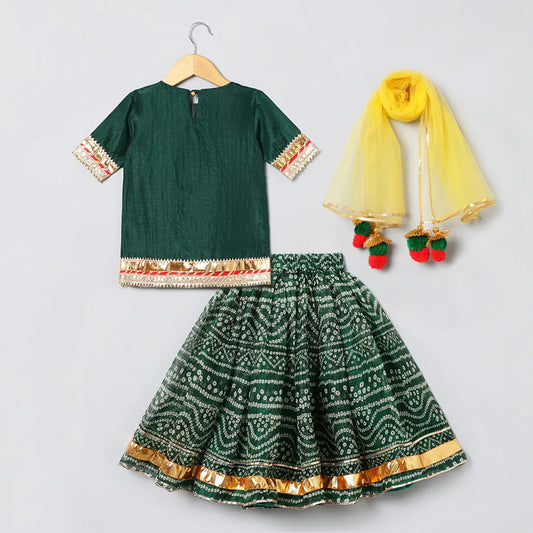 Green Bandhani Silk Lehenga Kurti Set