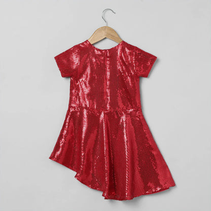 Red Sequin Party Dress with Gold Bow Accents