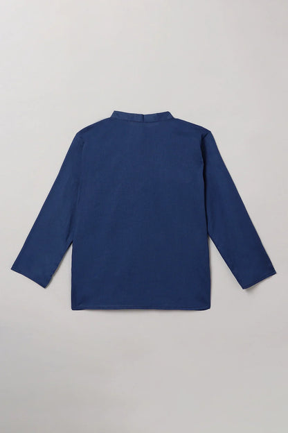 Royal Blue Cotton-Linen Short Kurta with Mandarin Collar
