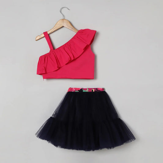 Hot Pink One-Shoulder Top & Black Tulle Skirt Set
