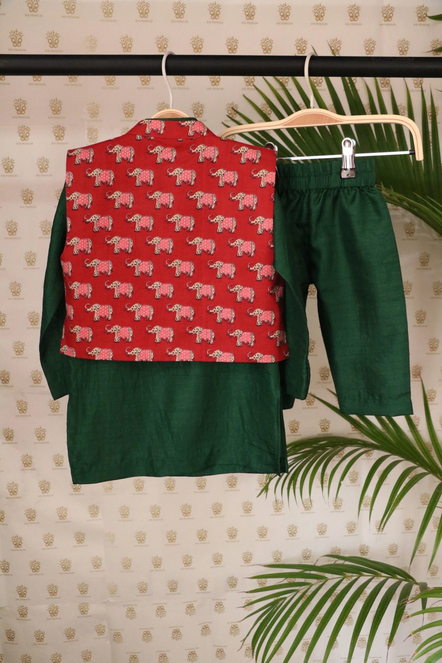 Dark Green & Red Jaipuri Ethnic Set for Boys