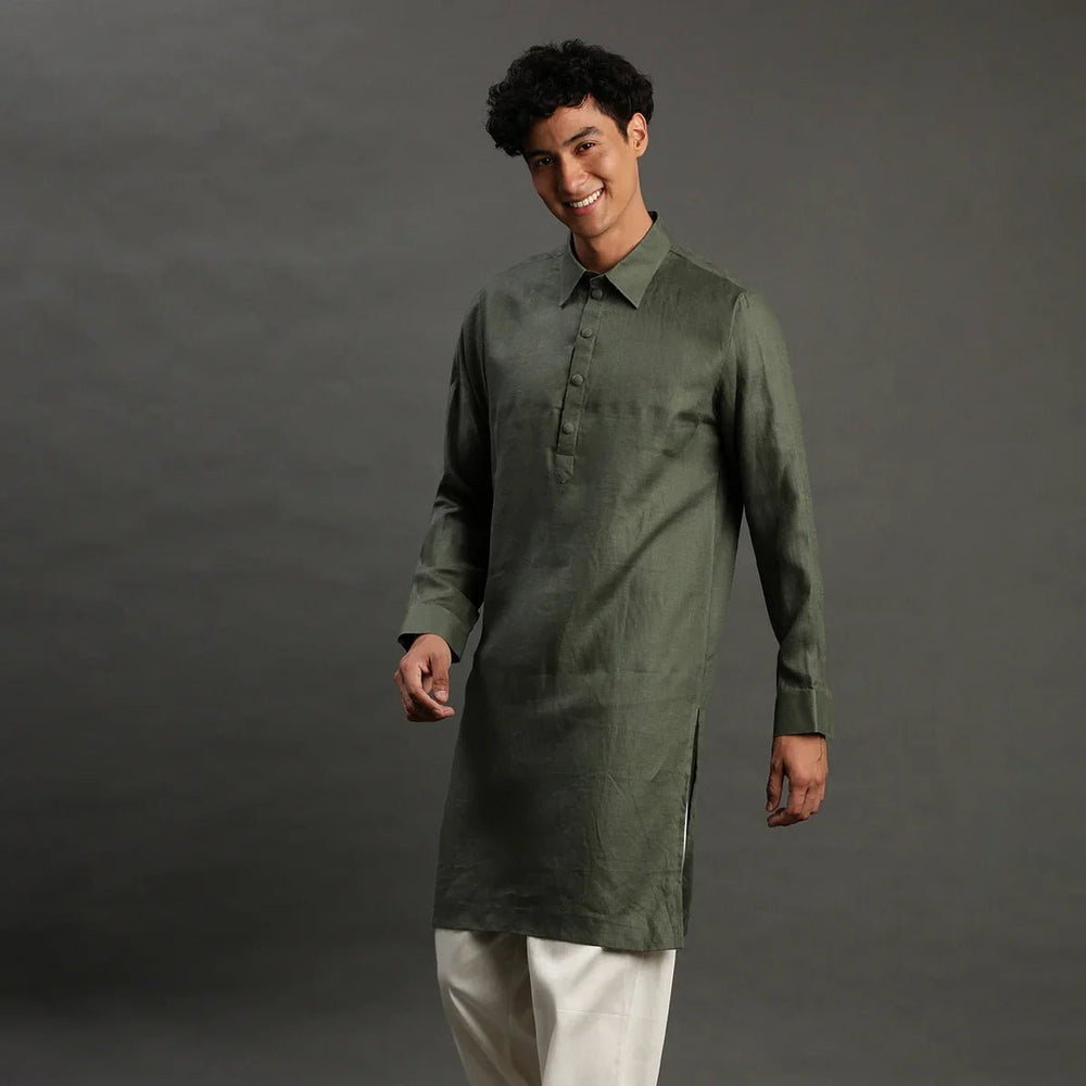 2Pcs Olive Linen Kurta Set - BYB PREMIUM