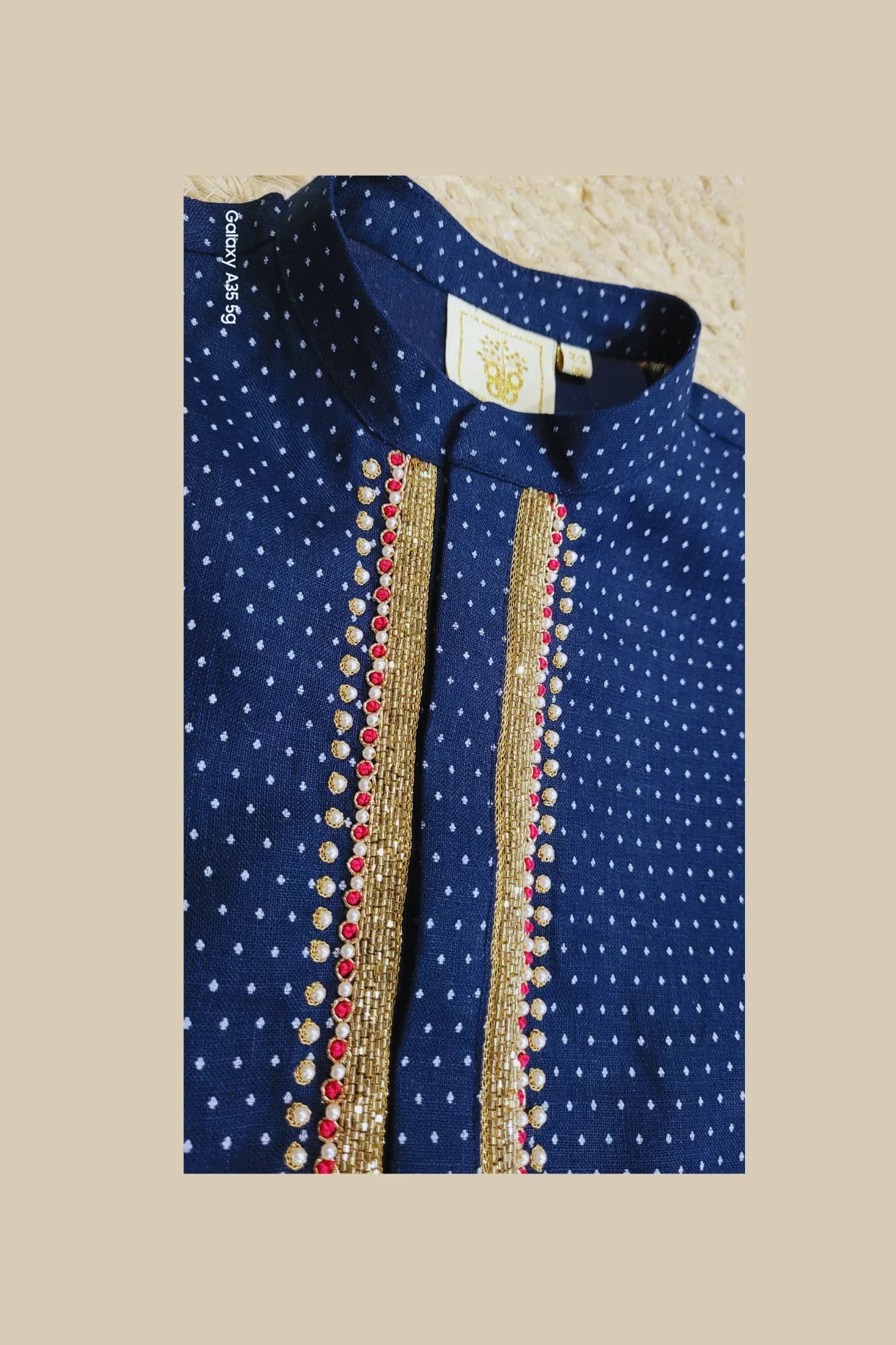 Navy Blue Linen Embroidered Kurta Set for Boys