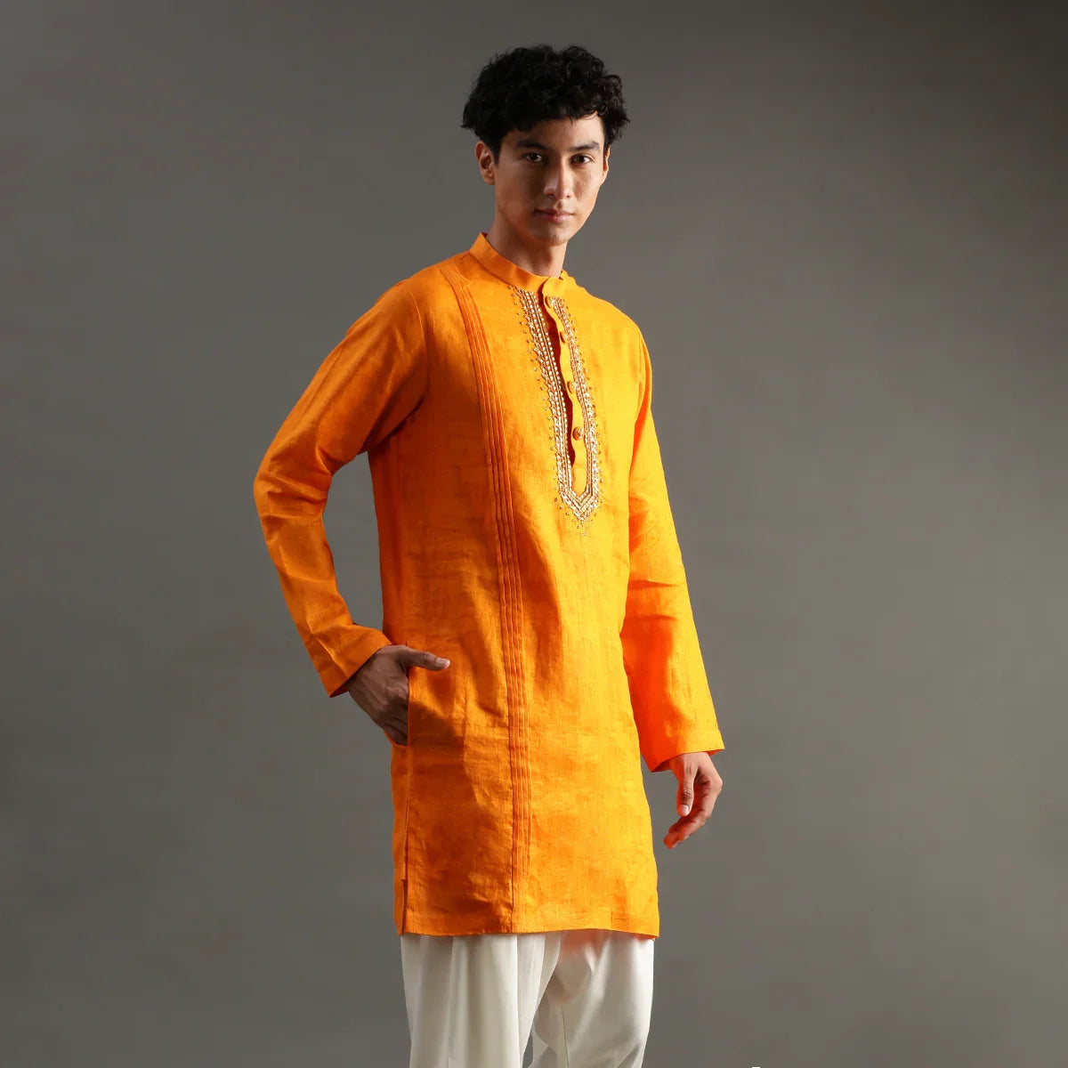 Orange Linen Kurta Set with Hand Embroidery