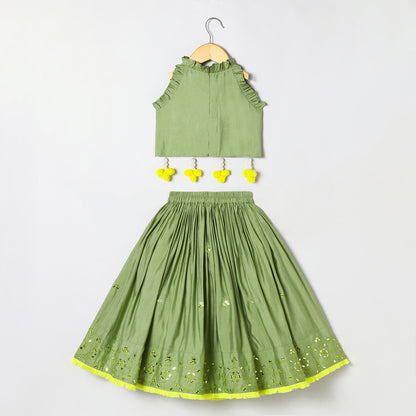 Sage green Chanderi mirror work top skirt and Dupatta
