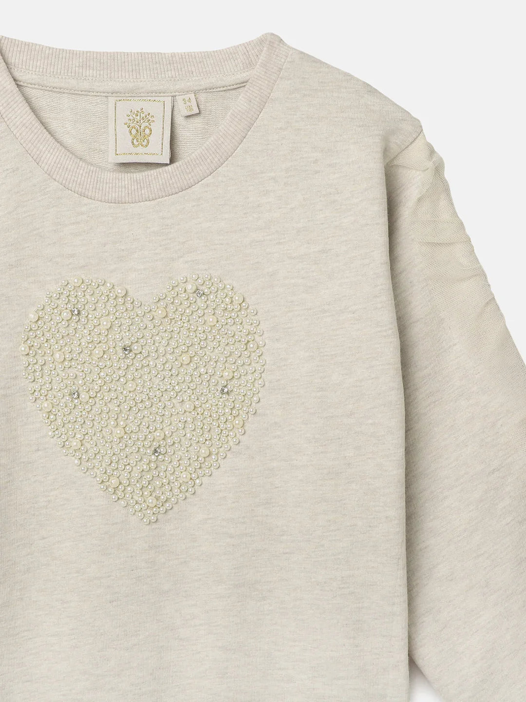 Ecru Melange Sweatshirt with Pearl Heart Embroidery
