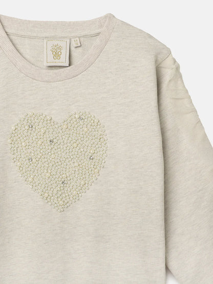 Ecru Melange Sweatshirt with Pearl Heart Embroidery