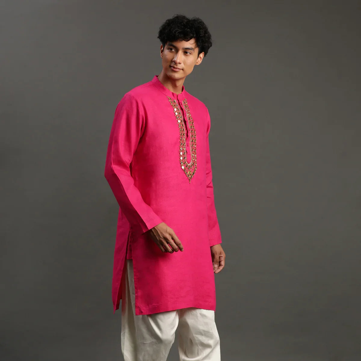Fuchsia Pink Linen Kurta Pyjama Set for Men