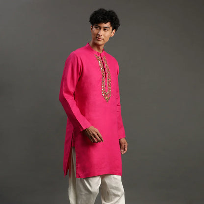 Fuchsia Pink Linen Kurta Pyjama Set for Men