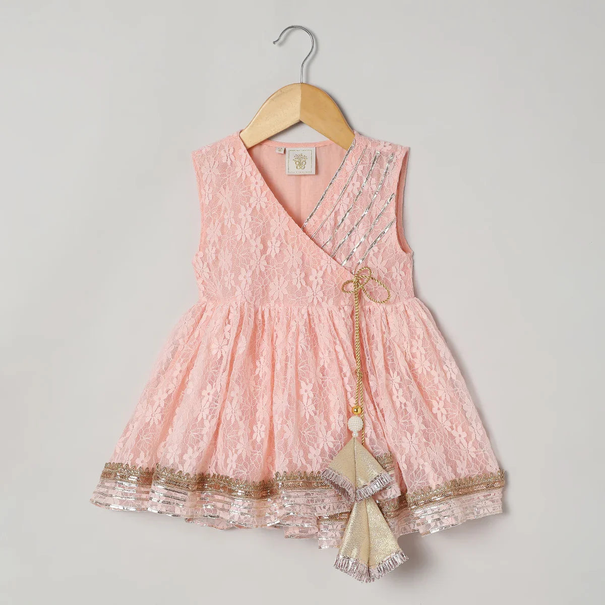 Peach Kaftan Kurta Sharara Set with Embroidery & Tassel Dupatta