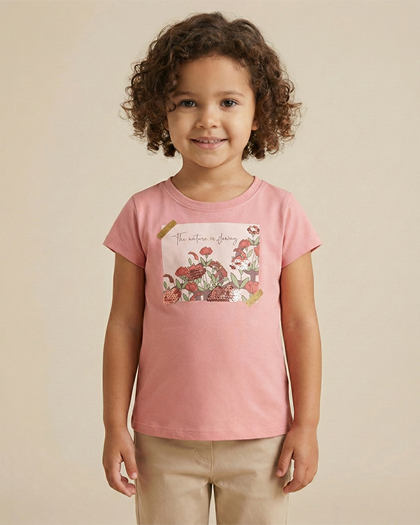 Girl wearing blush pink cotton t shirt with floral print