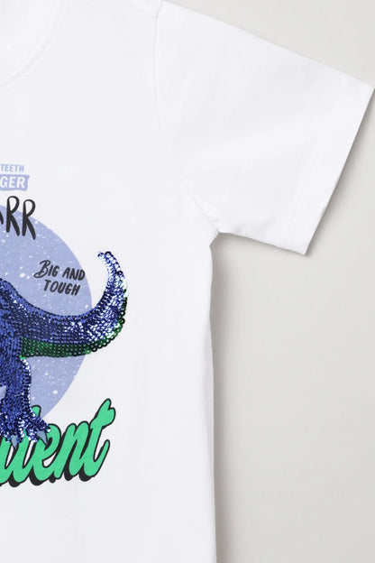 White Sequin Dinosaur Graphic T-Shirt for Kids
