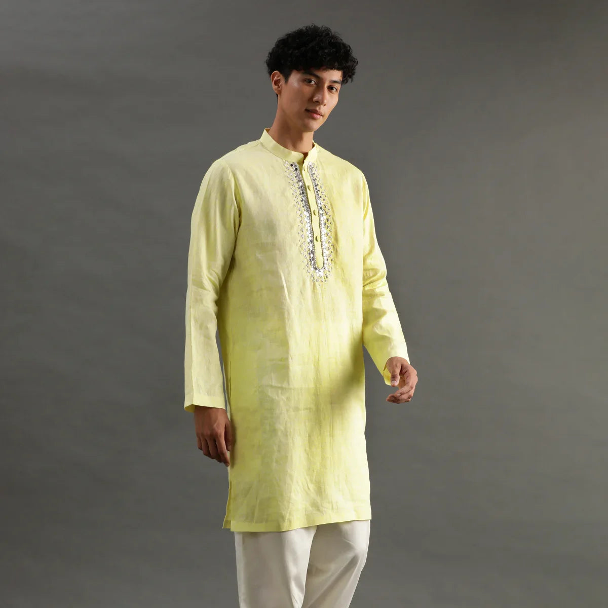 Lime Yellow Linen Kurta Pyjama Set for Men
