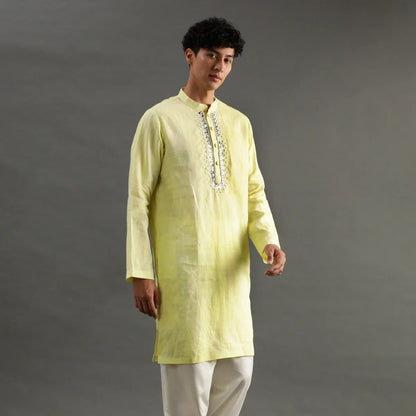 Lime Yellow Linen Kurta Pyjama Set for Men