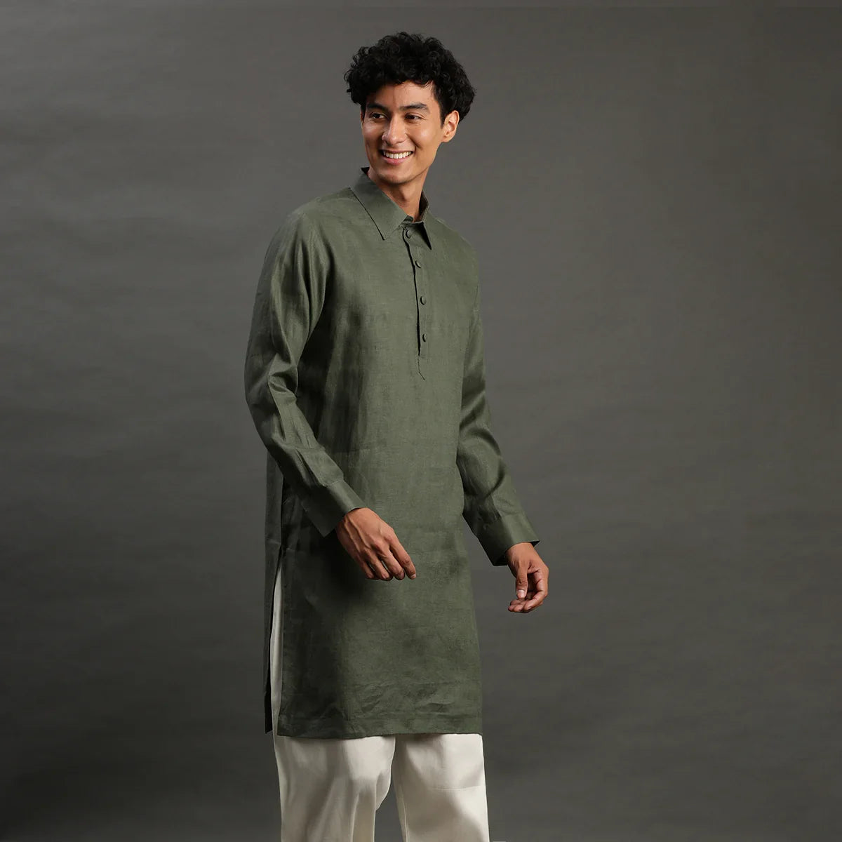 2Pcs Olive Linen Kurta Set