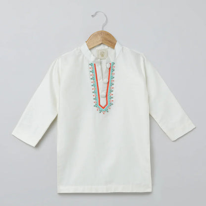 White Multicolor Embroidered Kurta Pyjama Set for Boys