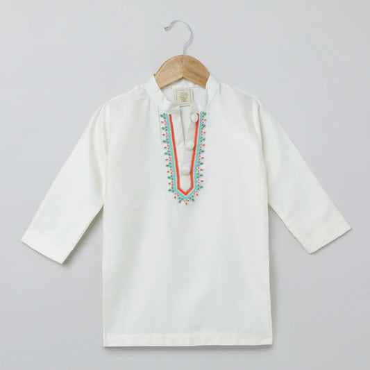 White Multicolor Embroidered Kurta Pyjama Set for Boys