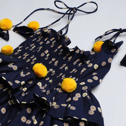 Navy Floral Linen Strap Dress
