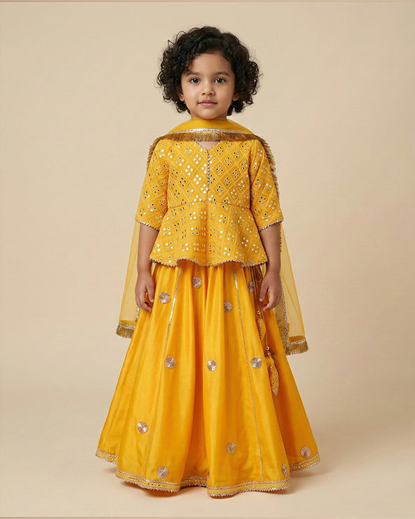Yellow and gold mirror work lehenga set for girls with dupatta